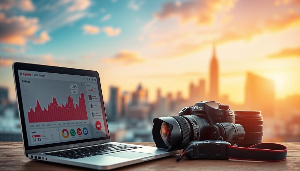 imagem decorativa com um macbook e uma camera com o fundo luminioso do ceu no raiar do sol